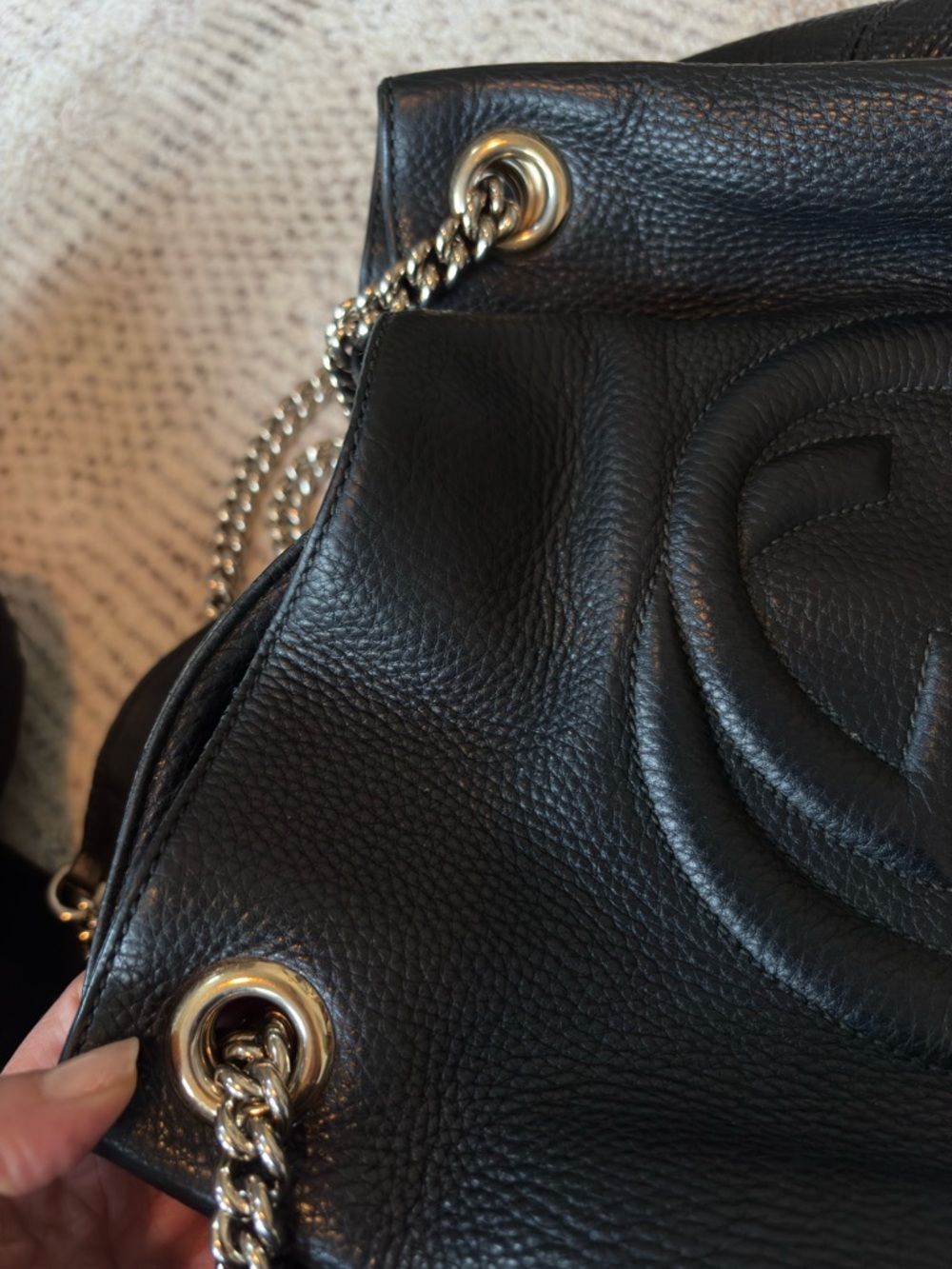 Gucci Black Pebbled Leather Chain-Handle Satchel with Tassel - Picture 9 of 10